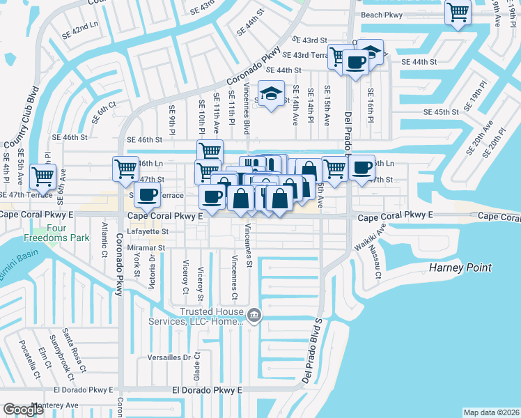 map of restaurants, bars, coffee shops, grocery stores, and more near 1215 Cape Coral Parkway East in Cape Coral