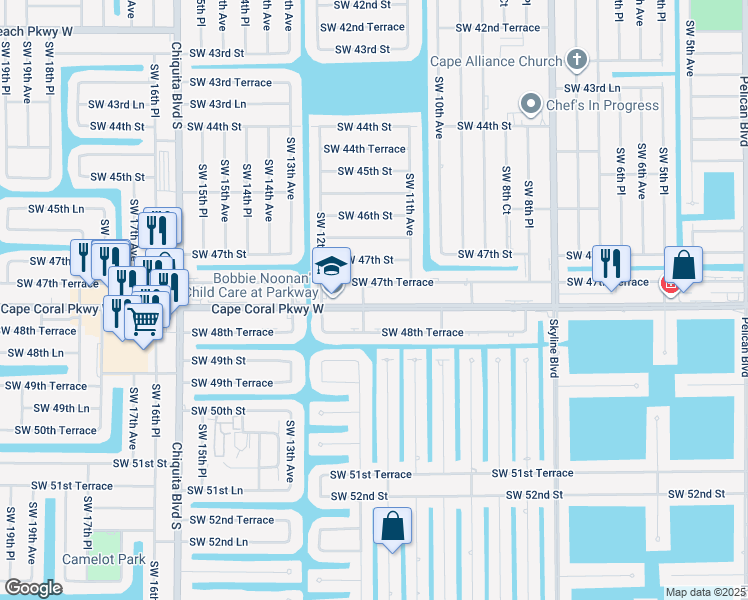 map of restaurants, bars, coffee shops, grocery stores, and more near 1127 Cape Coral Parkway West in Cape Coral