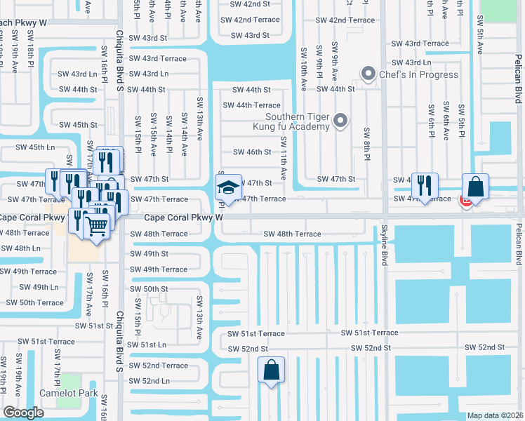 map of restaurants, bars, coffee shops, grocery stores, and more near 1110 Southwest 47th Terrace in Cape Coral