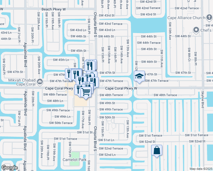 map of restaurants, bars, coffee shops, grocery stores, and more near 1504 Southwest 47th Terrace in Cape Coral