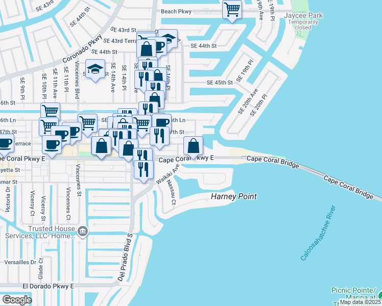 map of restaurants, bars, coffee shops, grocery stores, and more near 1730 Southeast 47th Terrace in Cape Coral