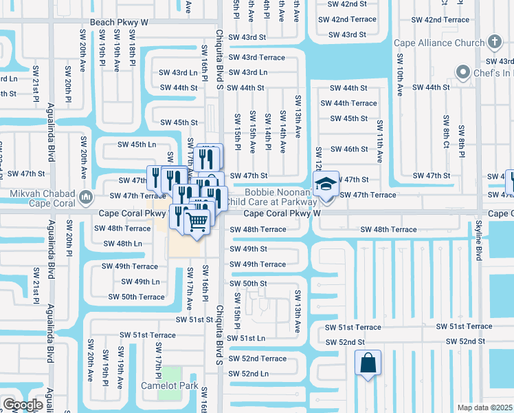 map of restaurants, bars, coffee shops, grocery stores, and more near 1507 Cape Coral Parkway West in Cape Coral