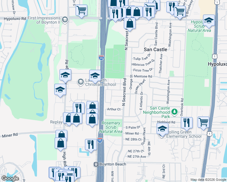 map of restaurants, bars, coffee shops, grocery stores, and more near 211 Bayview Avenue in Boynton Beach