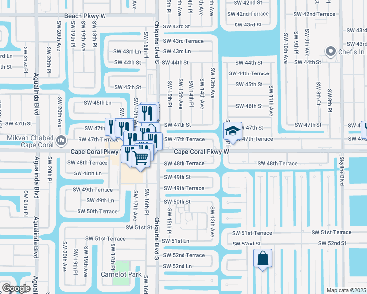 map of restaurants, bars, coffee shops, grocery stores, and more near 1504 Southwest 47th Terrace in Cape Coral