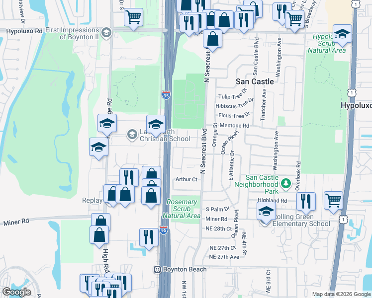 map of restaurants, bars, coffee shops, grocery stores, and more near 301 Pine Point Drive in Boynton Beach