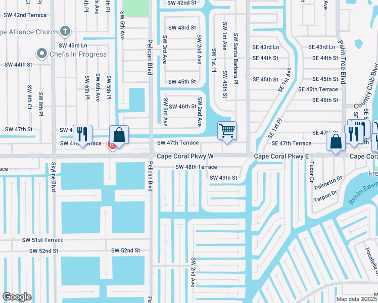 map of restaurants, bars, coffee shops, grocery stores, and more near 224 Southwest 47th Terrace in Cape Coral