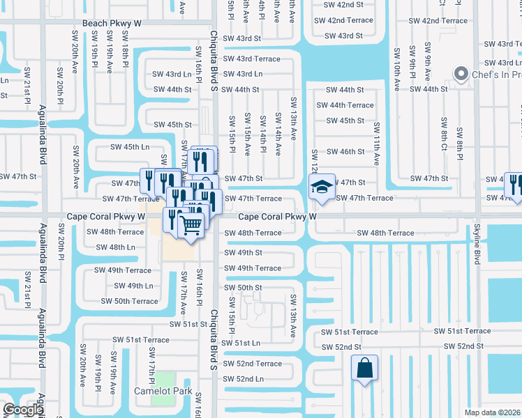 map of restaurants, bars, coffee shops, grocery stores, and more near 1330 Southwest 47th Terrace in Cape Coral