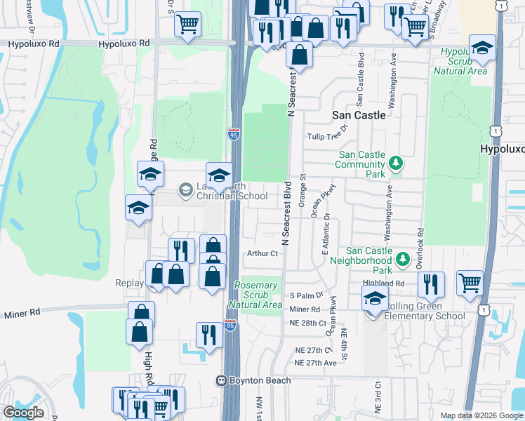 map of restaurants, bars, coffee shops, grocery stores, and more near 301 Pine Point Drive in Boynton Beach