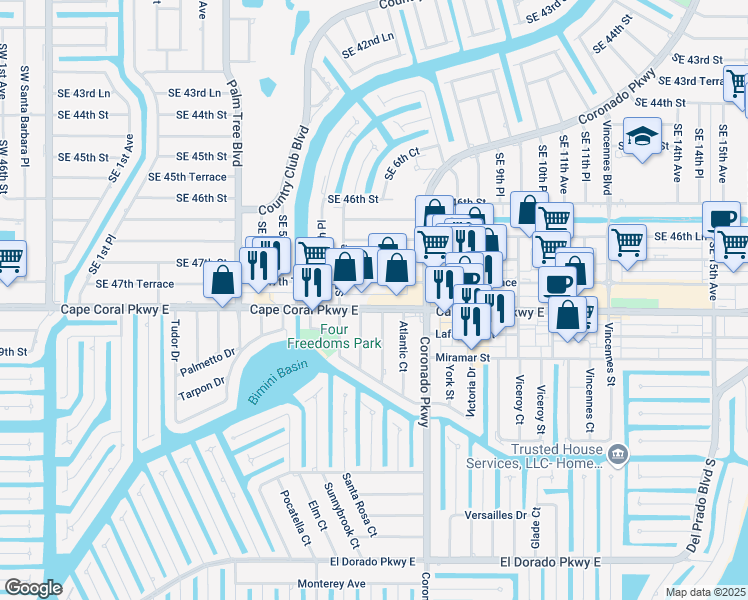 map of restaurants, bars, coffee shops, grocery stores, and more near 634 Southeast 47th Terrace in Cape Coral