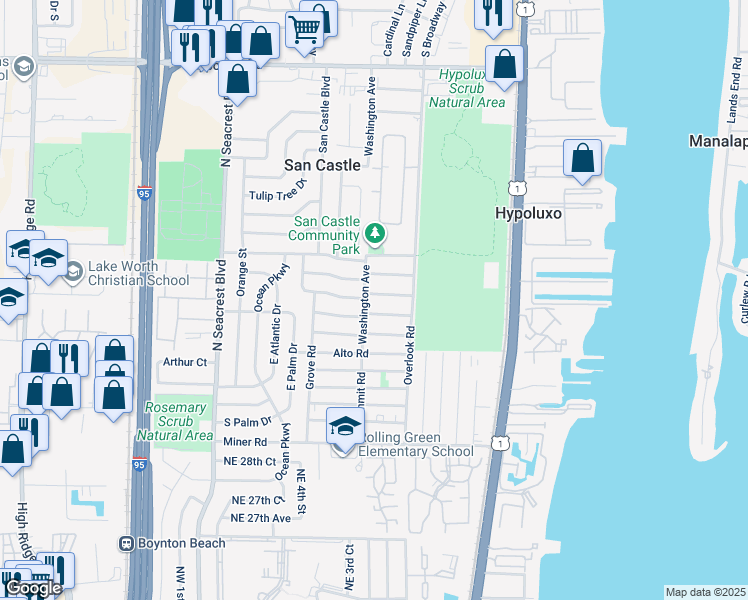 map of restaurants, bars, coffee shops, grocery stores, and more near 1071 Oleander Road in Lantana