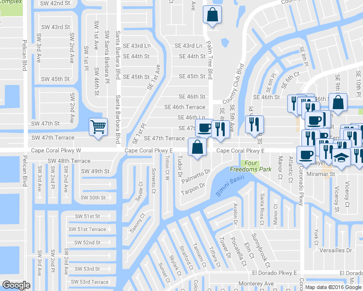 map of restaurants, bars, coffee shops, grocery stores, and more near 306 Southeast 47th Terrace in Cape Coral