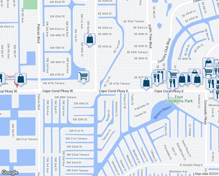 map of restaurants, bars, coffee shops, grocery stores, and more near 210 Southeast 47th Terrace in Cape Coral