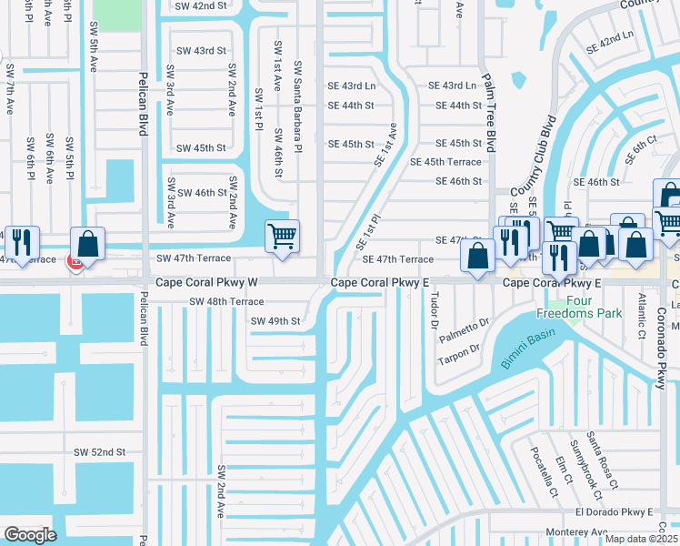 map of restaurants, bars, coffee shops, grocery stores, and more near 4722 Southeast 1st Place in Cape Coral
