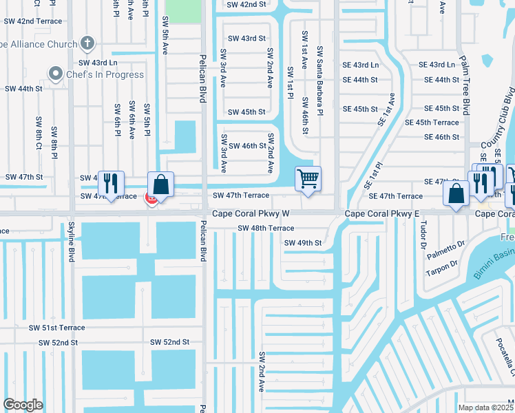 map of restaurants, bars, coffee shops, grocery stores, and more near 224 Southwest 47th Terrace in Cape Coral
