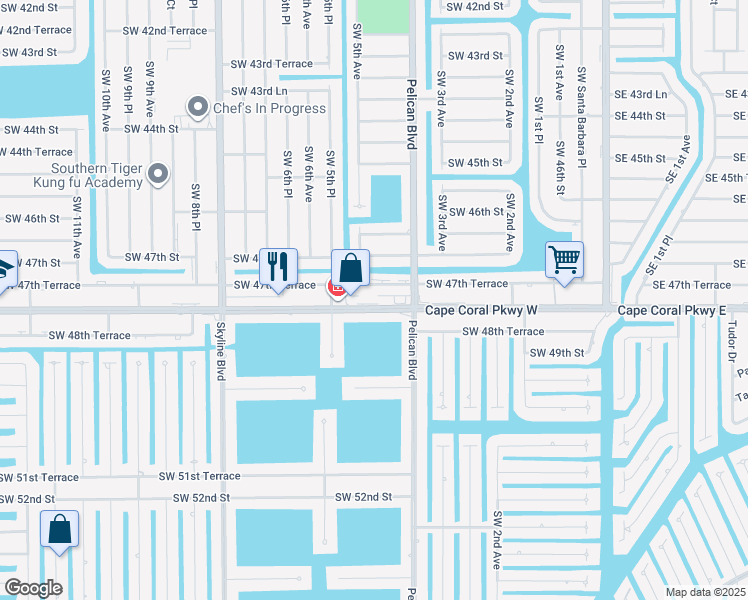 map of restaurants, bars, coffee shops, grocery stores, and more near 418 Southwest 47th Terrace in Cape Coral