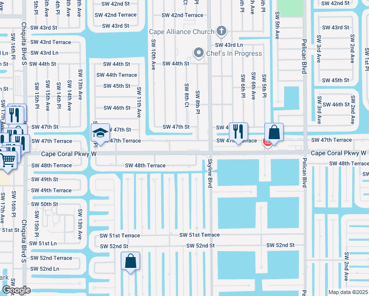 map of restaurants, bars, coffee shops, grocery stores, and more near 838a Southwest 47th Terrace in Cape Coral
