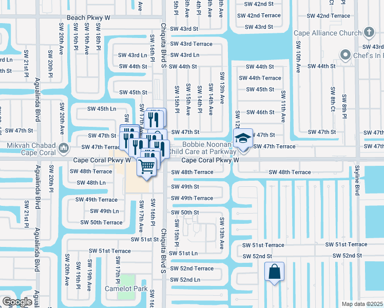 map of restaurants, bars, coffee shops, grocery stores, and more near 1504 Southwest 47th Terrace in Cape Coral