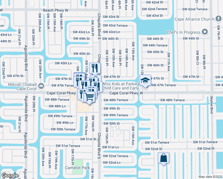 map of restaurants, bars, coffee shops, grocery stores, and more near 1504 Southwest 47th Terrace in Cape Coral