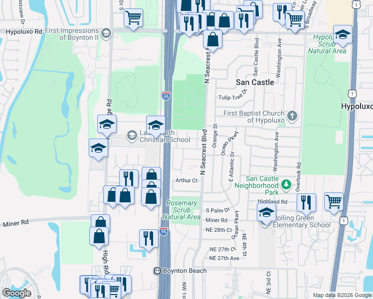 map of restaurants, bars, coffee shops, grocery stores, and more near 301 Pine Point Drive in Boynton Beach