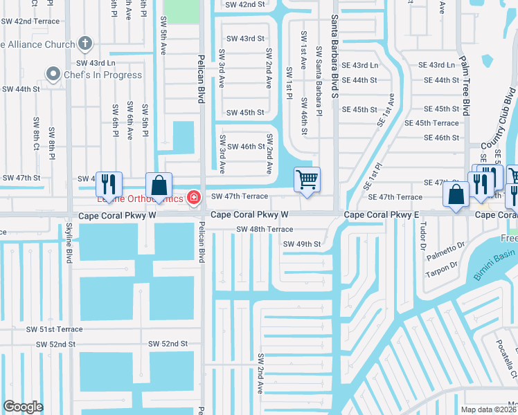 map of restaurants, bars, coffee shops, grocery stores, and more near 224 Southwest 47th Terrace in Cape Coral