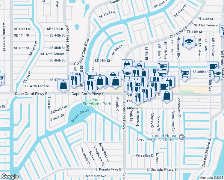 map of restaurants, bars, coffee shops, grocery stores, and more near 634 Southeast 47th Terrace in Cape Coral