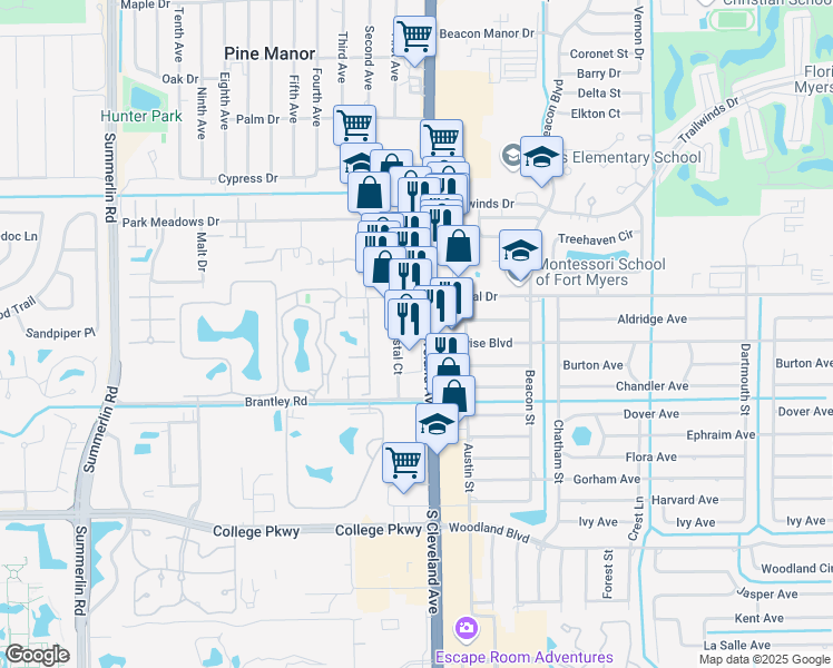 map of restaurants, bars, coffee shops, grocery stores, and more near 6231-6835 Crystal Court in Fort Myers