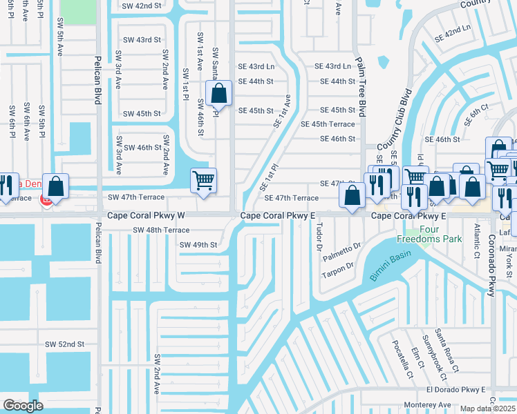 map of restaurants, bars, coffee shops, grocery stores, and more near 210 Southeast 47th Terrace in Cape Coral