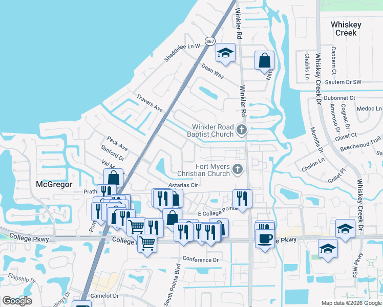 map of restaurants, bars, coffee shops, grocery stores, and more near 5812 Algiers Street in Fort Myers