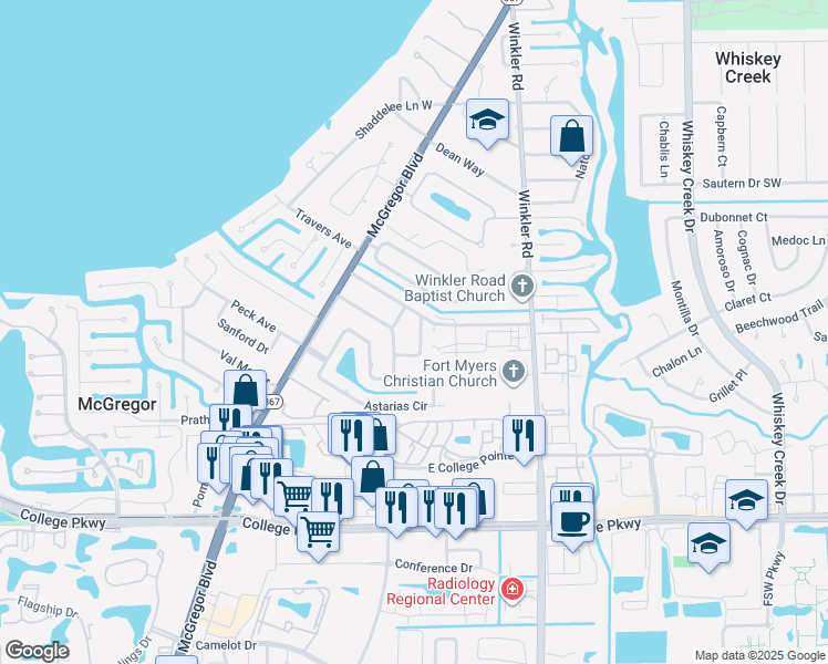 map of restaurants, bars, coffee shops, grocery stores, and more near 5812 Algiers Street in Fort Myers