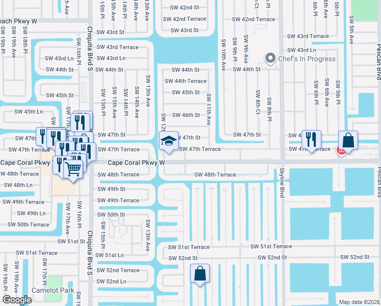 map of restaurants, bars, coffee shops, grocery stores, and more near 1126 Southwest 47th Terrace in Cape Coral