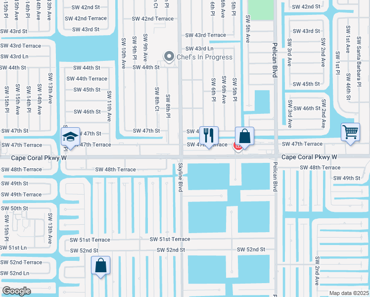 map of restaurants, bars, coffee shops, grocery stores, and more near 726 Southwest 47th Terrace in Cape Coral