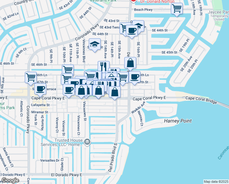 map of restaurants, bars, coffee shops, grocery stores, and more near 4724 Southeast 15th Avenue in Cape Coral
