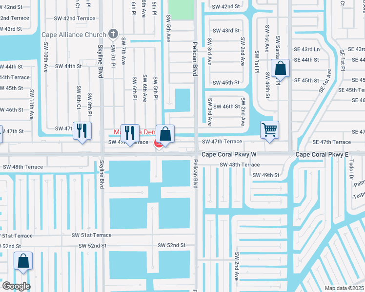 map of restaurants, bars, coffee shops, grocery stores, and more near 418 Southwest 47th Terrace in Cape Coral