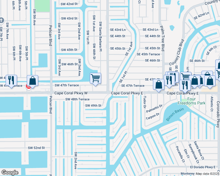 map of restaurants, bars, coffee shops, grocery stores, and more near 4722 Southeast 1st Place in Cape Coral