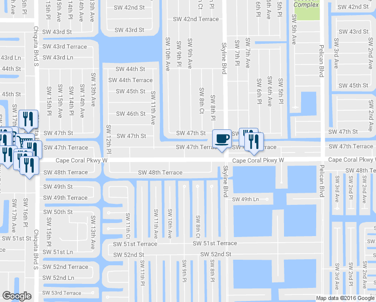 map of restaurants, bars, coffee shops, grocery stores, and more near 918 Southwest 47th Terrace in Cape Coral