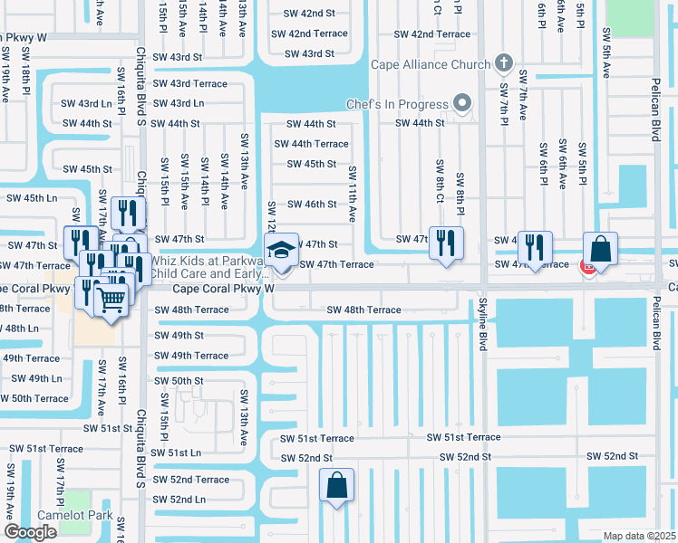map of restaurants, bars, coffee shops, grocery stores, and more near 1110 Southwest 47th Terrace in Cape Coral