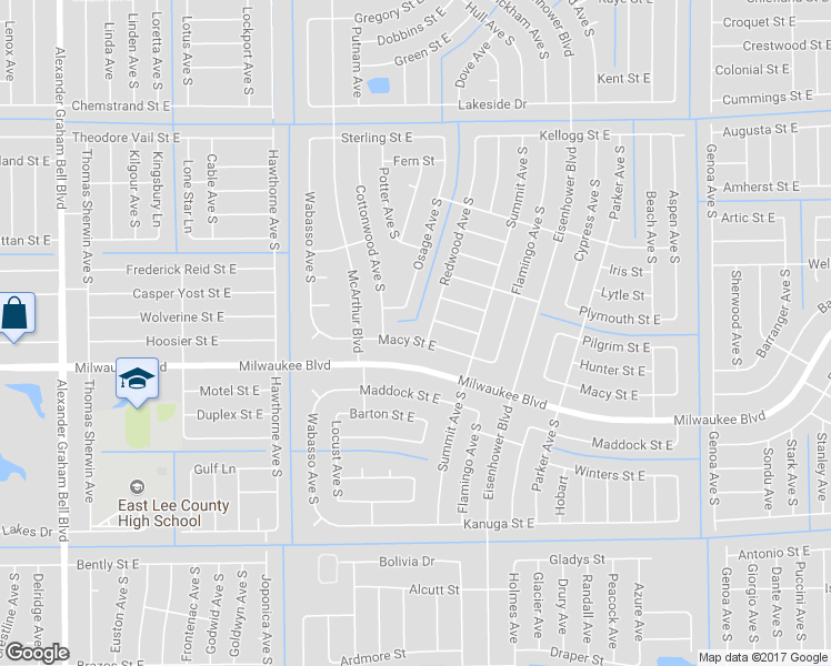 map of restaurants, bars, coffee shops, grocery stores, and more near 927 Macy Street East in Lehigh Acres