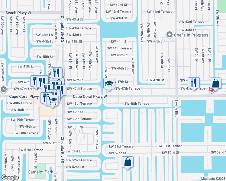map of restaurants, bars, coffee shops, grocery stores, and more near 1136 Southwest 47th Terrace in Cape Coral