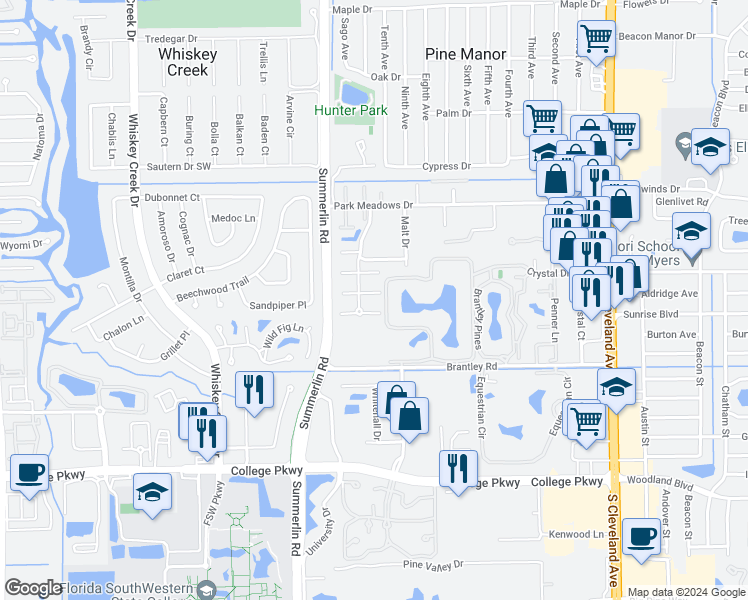 map of restaurants, bars, coffee shops, grocery stores, and more near 12357 Woodrose Court in Fort Myers