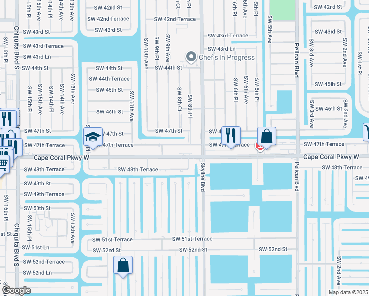 map of restaurants, bars, coffee shops, grocery stores, and more near 822 Southwest 47th Terrace in Cape Coral