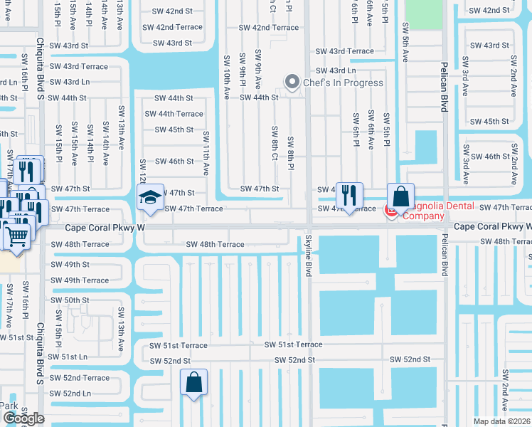 map of restaurants, bars, coffee shops, grocery stores, and more near 838a Southwest 47th Terrace in Cape Coral