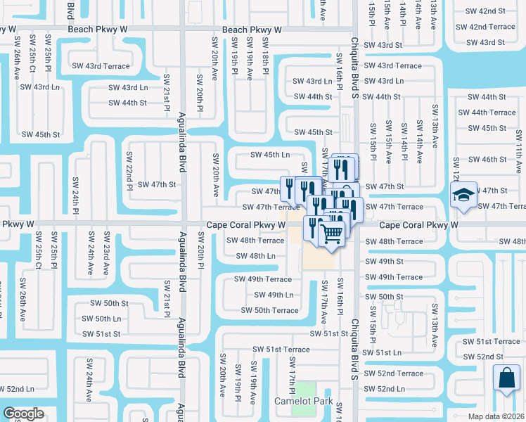 map of restaurants, bars, coffee shops, grocery stores, and more near 1822 Southwest 47th Terrace in Cape Coral