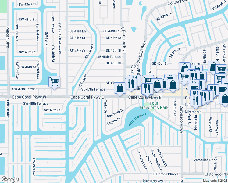 map of restaurants, bars, coffee shops, grocery stores, and more near 330 Southeast 47th Terrace in Cape Coral