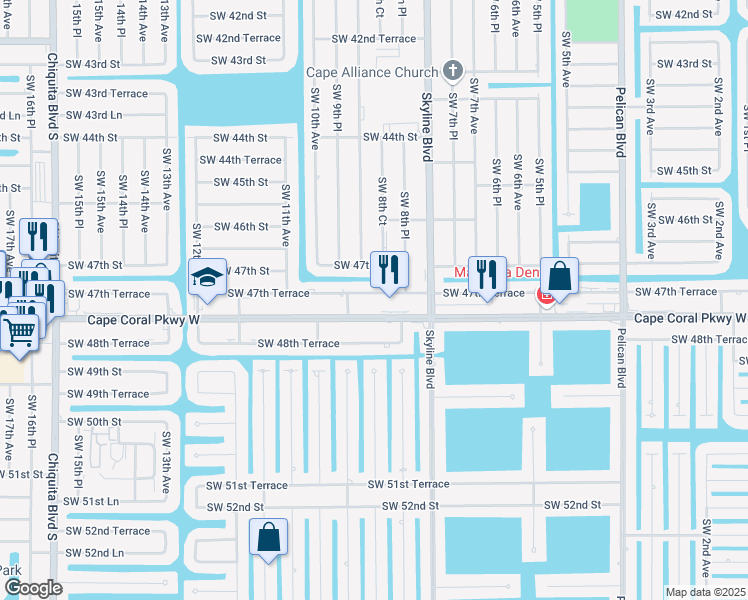 map of restaurants, bars, coffee shops, grocery stores, and more near 838a Southwest 47th Terrace in Cape Coral