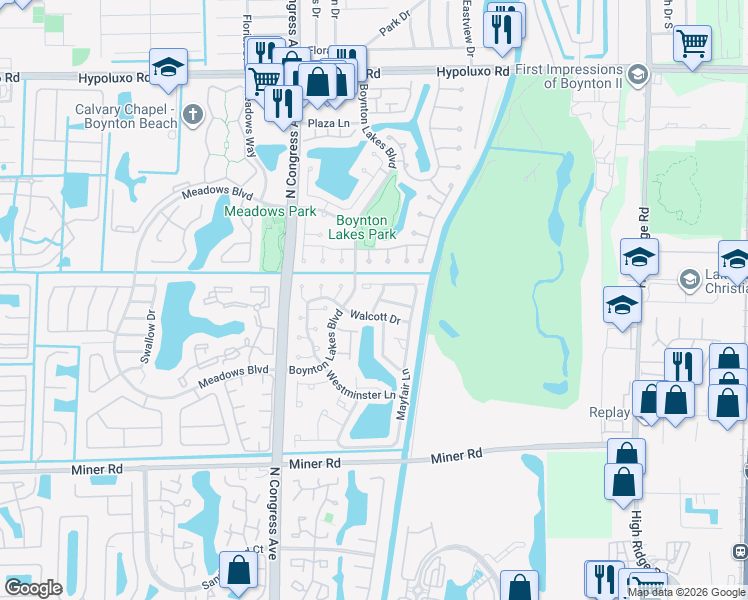 map of restaurants, bars, coffee shops, grocery stores, and more near 7 Weedon Lane in Boynton Beach