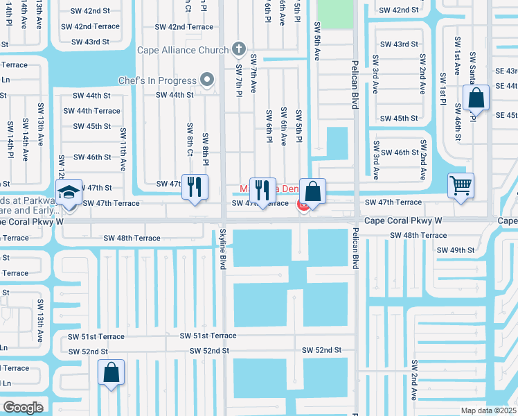 map of restaurants, bars, coffee shops, grocery stores, and more near 624 Southwest 47th Terrace in Cape Coral