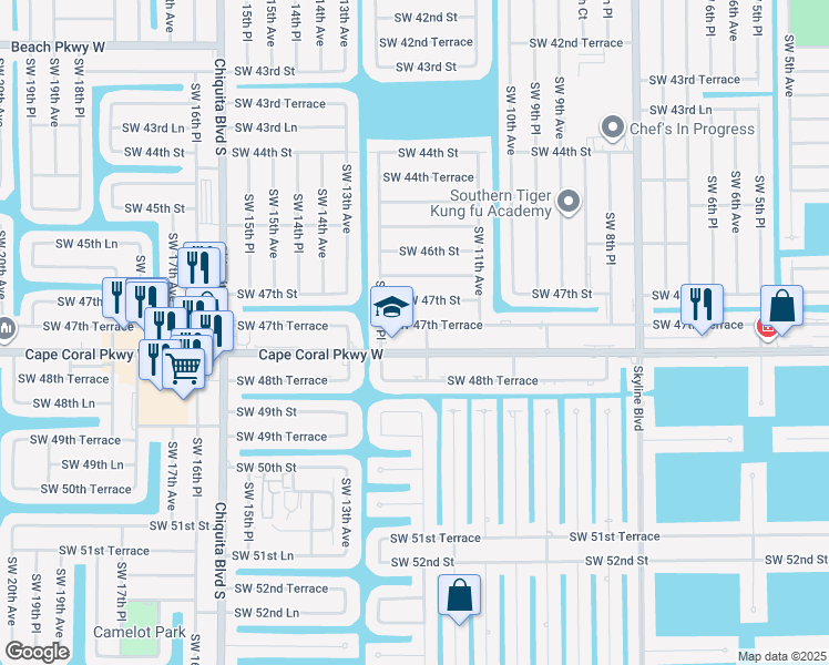 map of restaurants, bars, coffee shops, grocery stores, and more near 1136 Southwest 47th Terrace in Cape Coral