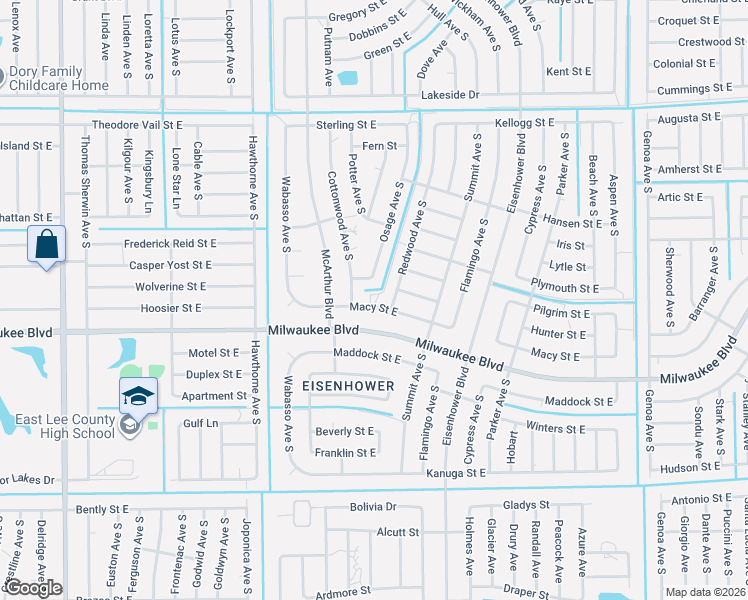 map of restaurants, bars, coffee shops, grocery stores, and more near 927 Macy Street East in Lehigh Acres