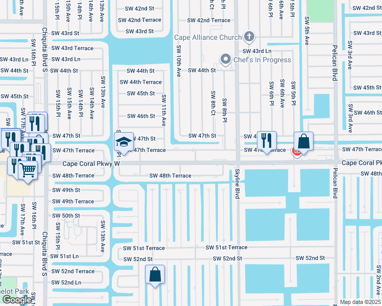 map of restaurants, bars, coffee shops, grocery stores, and more near 918 Southwest 47th Terrace in Cape Coral