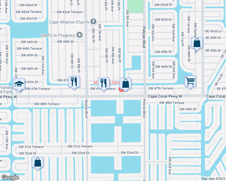 map of restaurants, bars, coffee shops, grocery stores, and more near 602 Southwest 47th Terrace in Cape Coral